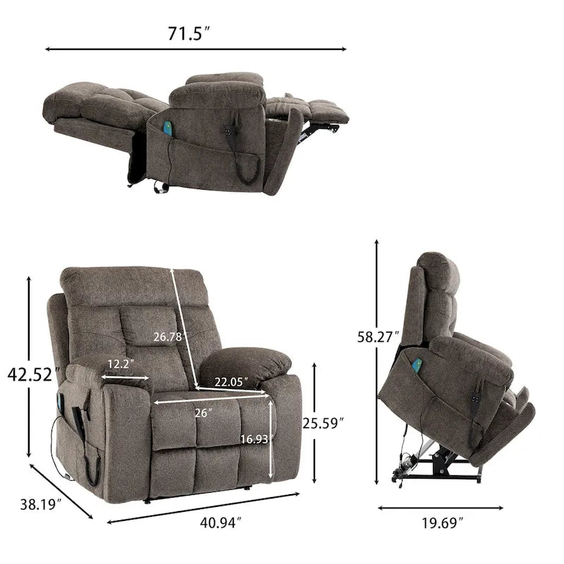 Gray Chenille Oversized Power Lift Recliner Chair with Massage and Heating