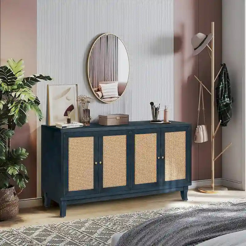 Antique Rattan Door Sideboard Cabinet with Adjustable Shelf and Spacious Storage