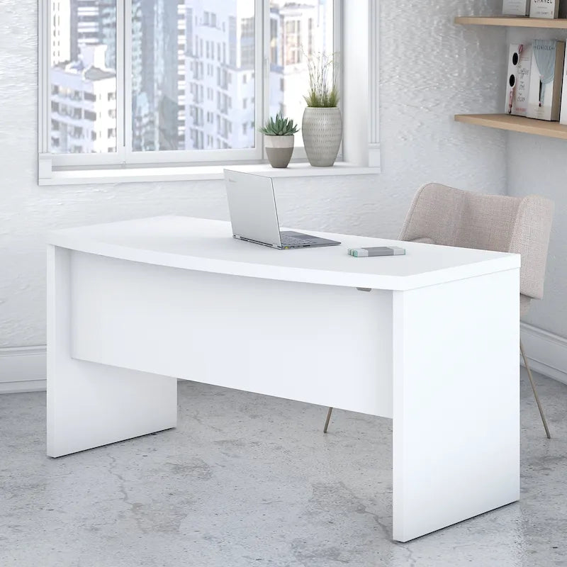 60-Inch Bow Front Office Desk with Thermally Fused Laminate Surface, Pure White