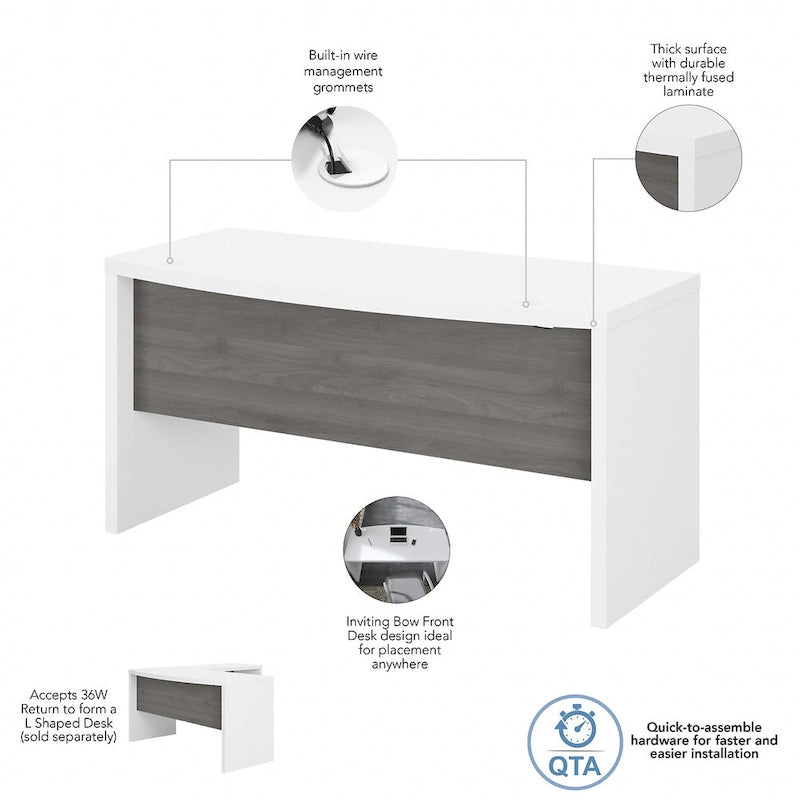 60-Inch Bow Front Office Desk with Thermally Fused Laminate Surface, Pure White