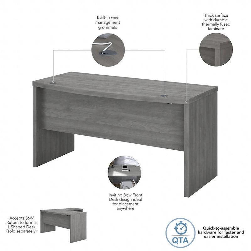 60-Inch Bow Front Office Desk with Thermally Fused Laminate Surface, Pure White