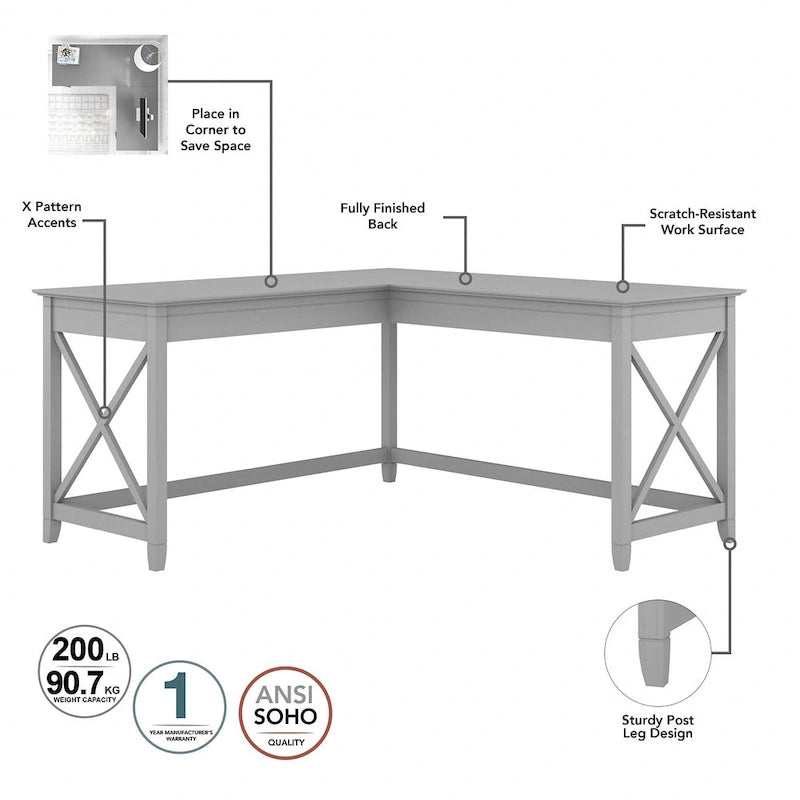 60W L-Shaped Corner Desk with X-Frame Design, Multi-Color Options