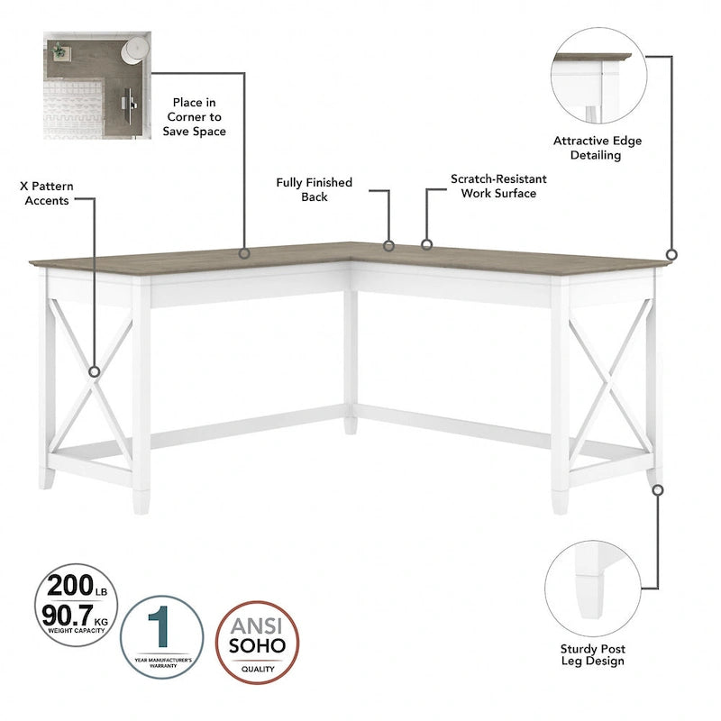 60W L-Shaped Corner Desk with X-Frame Design, Multi-Color Options