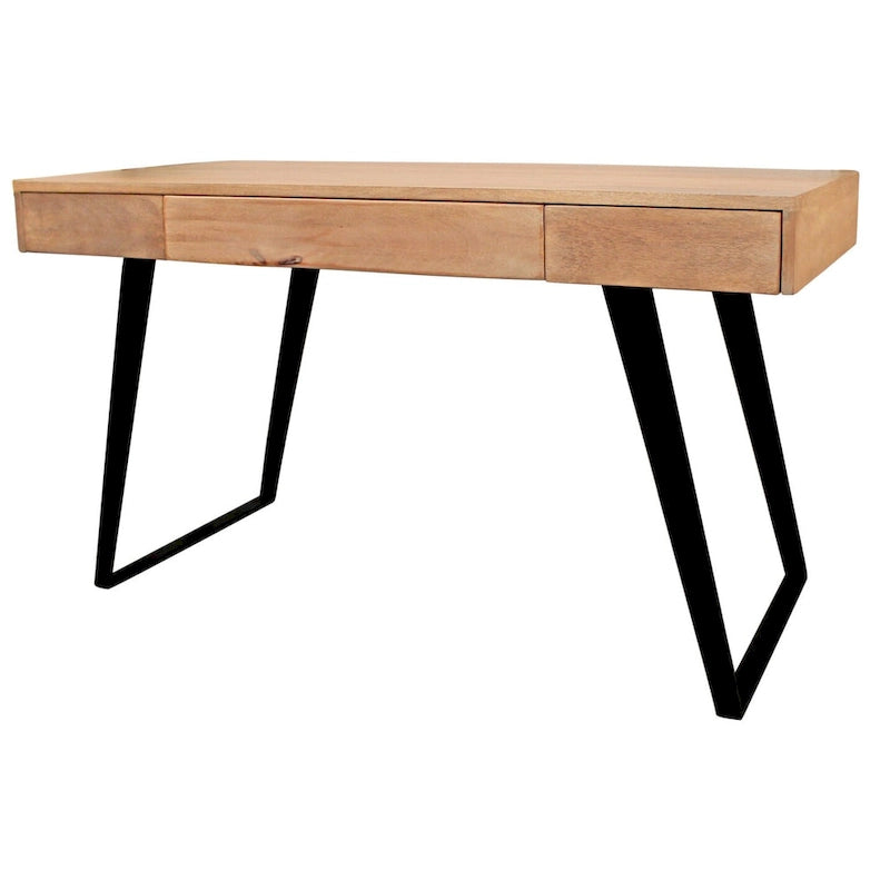 Natural Brown Mango Wood Writing Desk with Black Metal Legs Three Drawers