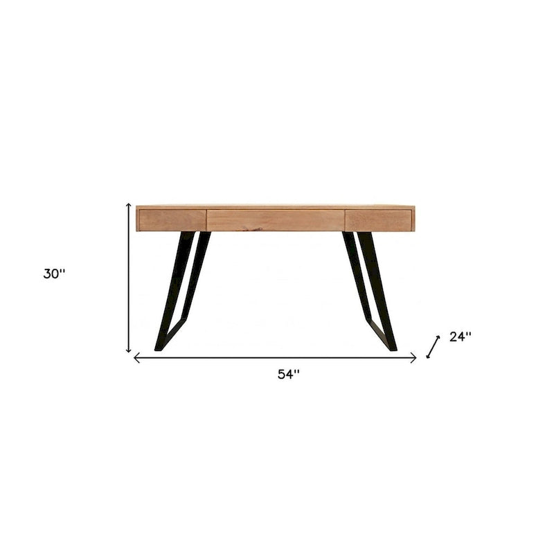 Natural Brown Mango Wood Writing Desk with Black Metal Legs Three Drawers