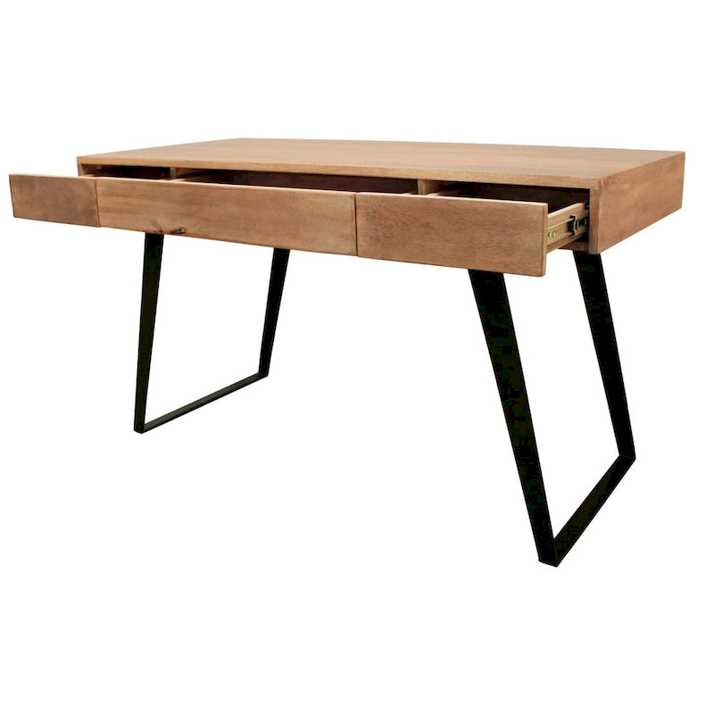 Natural Brown Mango Wood Writing Desk with Black Metal Legs Three Drawers