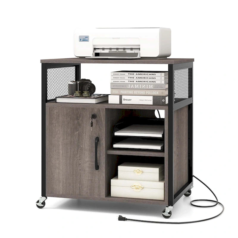 Mobile File Cabinet with Charging Station Locking Door Grey Brown