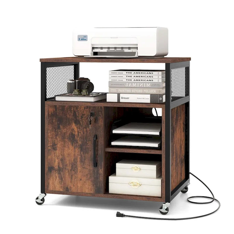 Mobile File Cabinet with Charging Station Locking Door Grey Brown