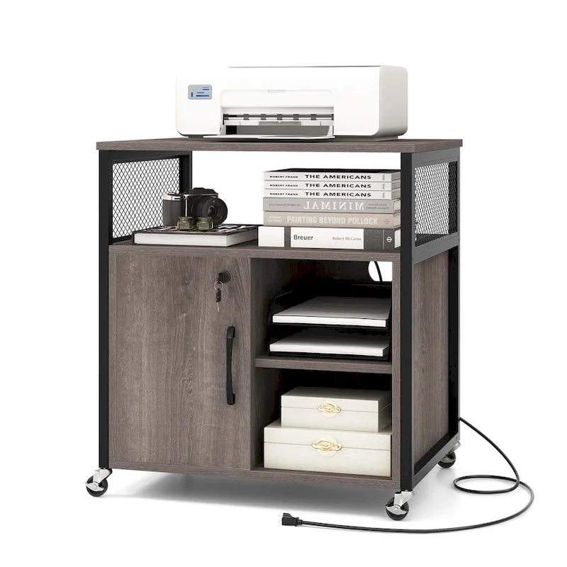 Mobile File Cabinet with Charging Station Locking Door Grey Brown