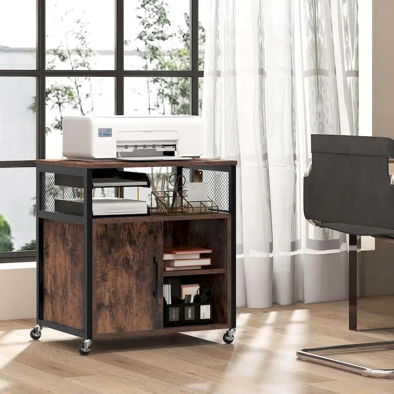 Mobile File Cabinet with Charging Station Locking Door Grey Brown