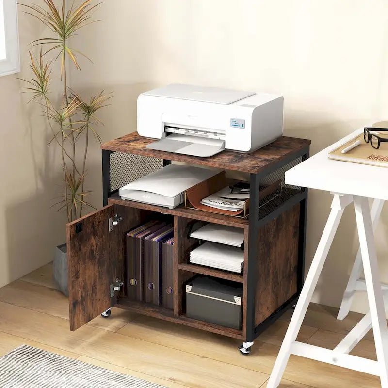Mobile File Cabinet with Charging Station Locking Door Grey Brown