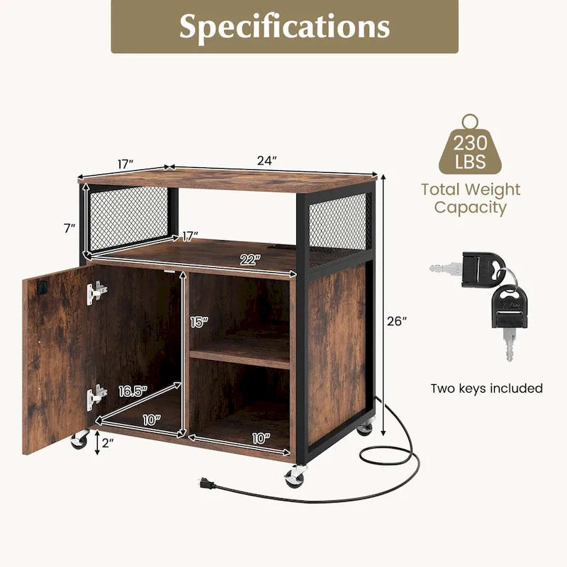 Mobile File Cabinet with Charging Station Locking Door Grey Brown