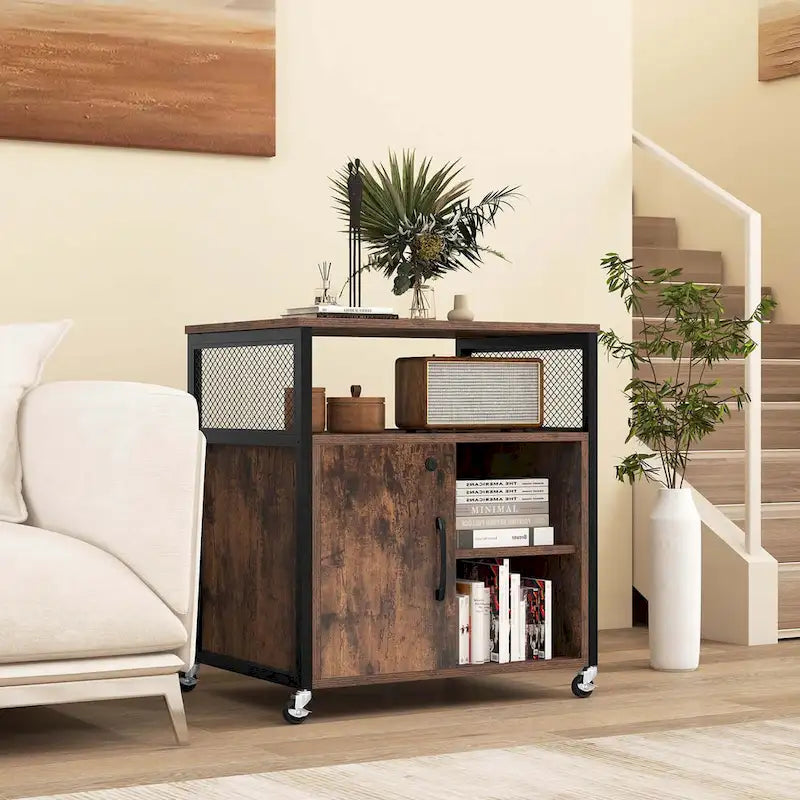 Mobile File Cabinet with Charging Station Locking Door Grey Brown