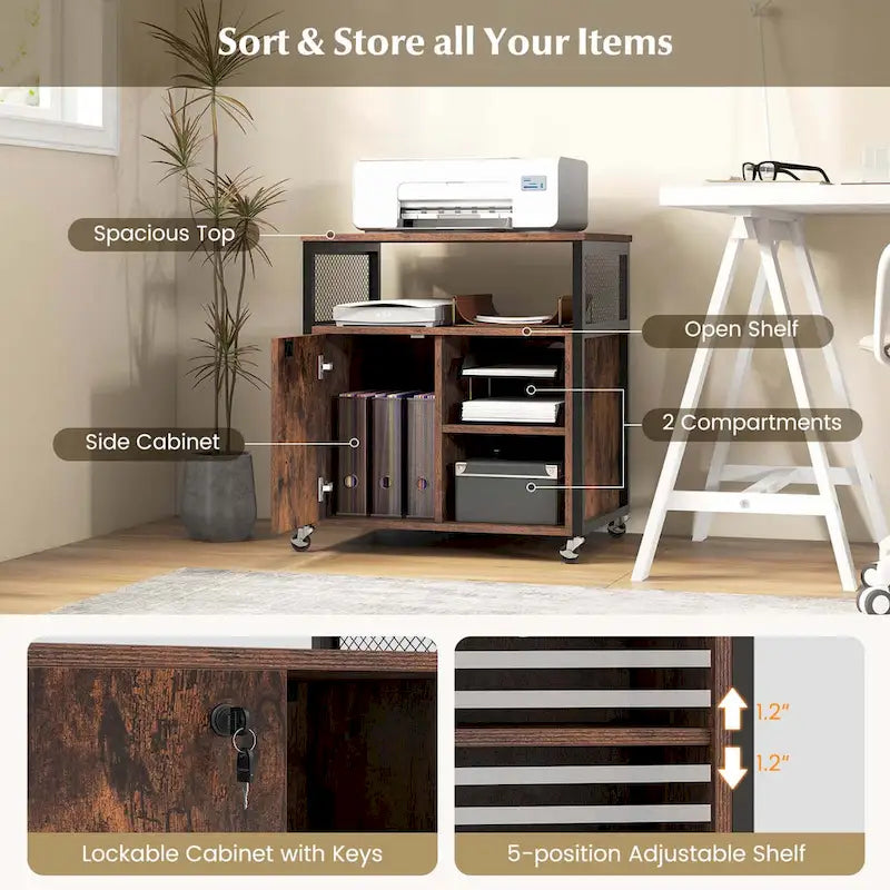 Mobile File Cabinet with Charging Station Locking Door Grey Brown