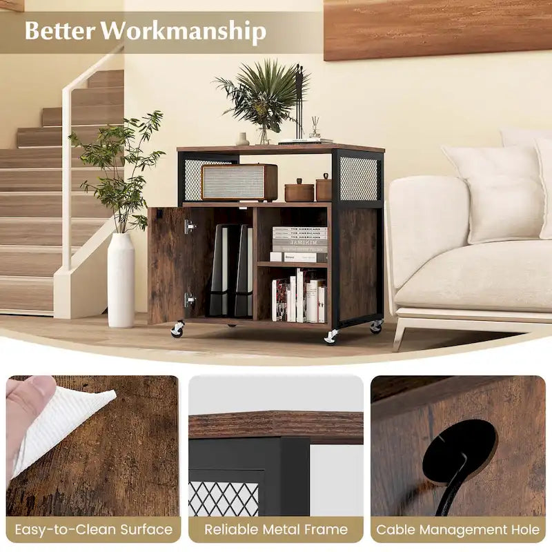 Mobile File Cabinet with Charging Station Locking Door Grey Brown