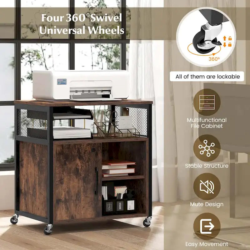 Mobile File Cabinet with Charging Station Locking Door Grey Brown