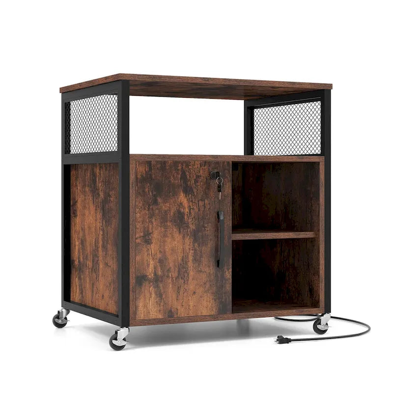 Mobile File Cabinet with Charging Station Locking Door Grey Brown
