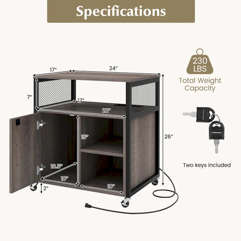 Mobile File Cabinet with Charging Station Locking Door Grey Brown