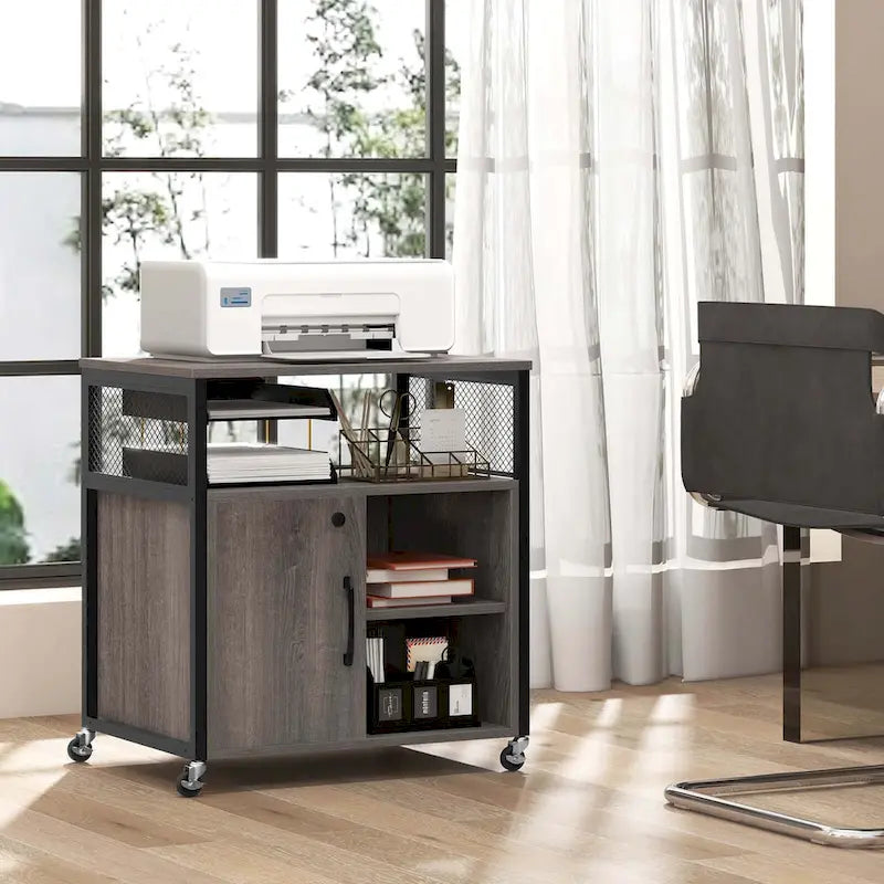 Mobile File Cabinet with Charging Station Locking Door Grey Brown