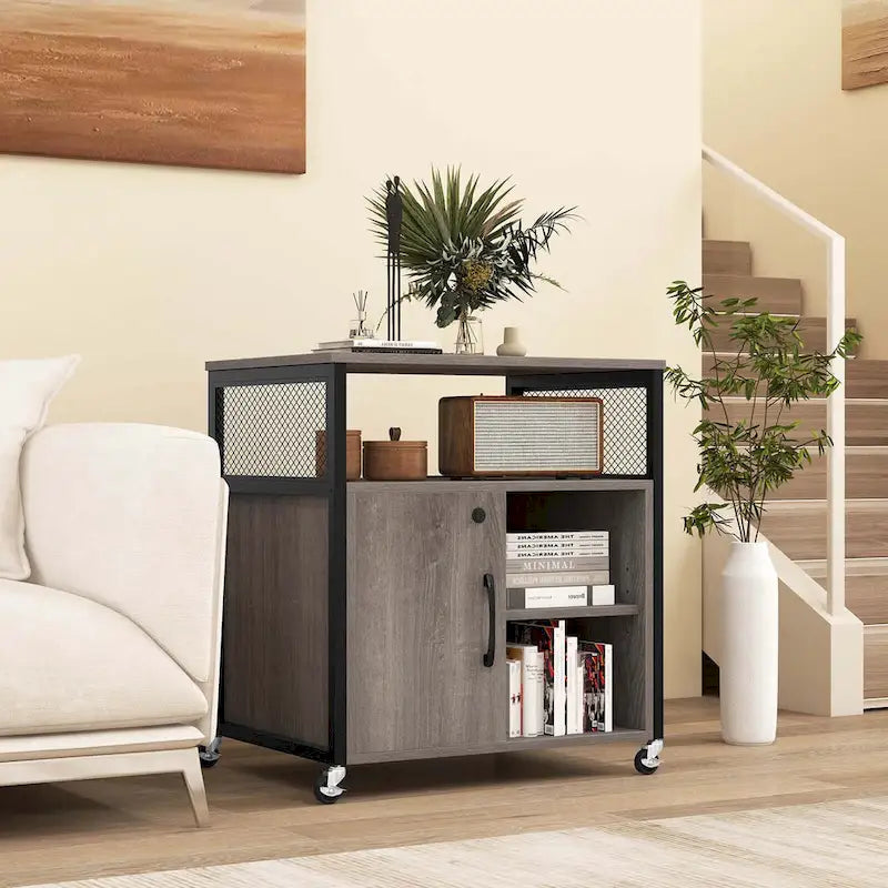 Mobile File Cabinet with Charging Station Locking Door Grey Brown