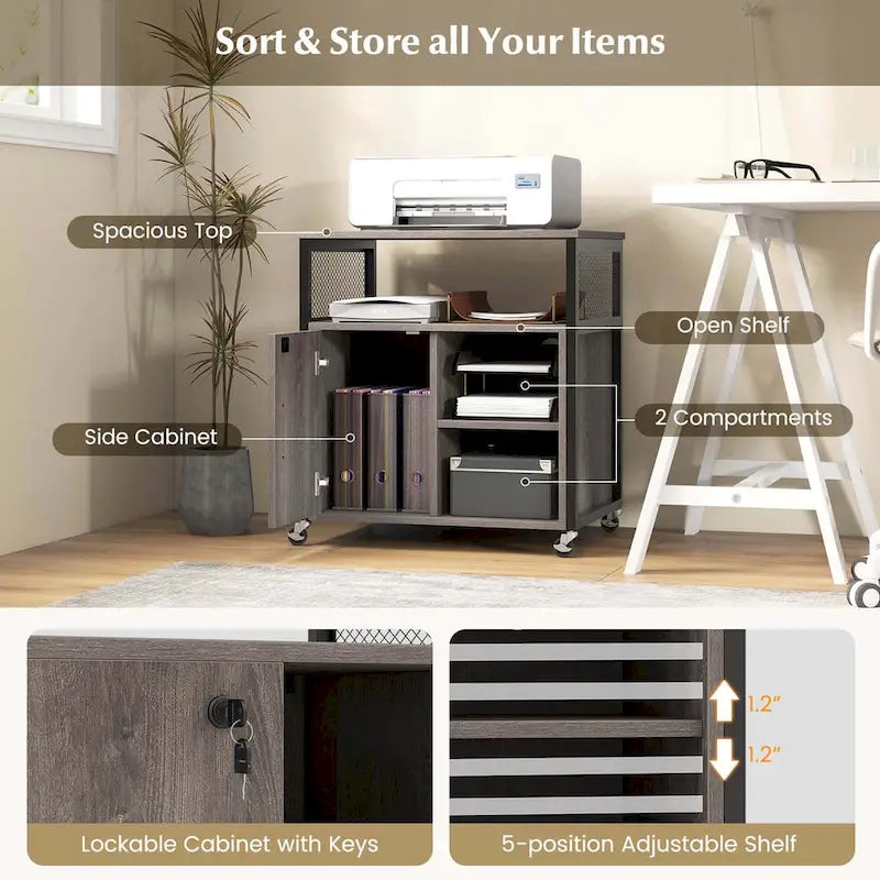 Mobile File Cabinet with Charging Station Locking Door Grey Brown