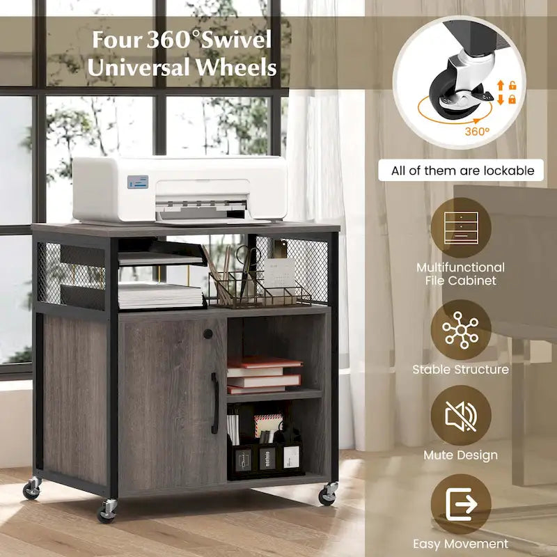 Mobile File Cabinet with Charging Station Locking Door Grey Brown