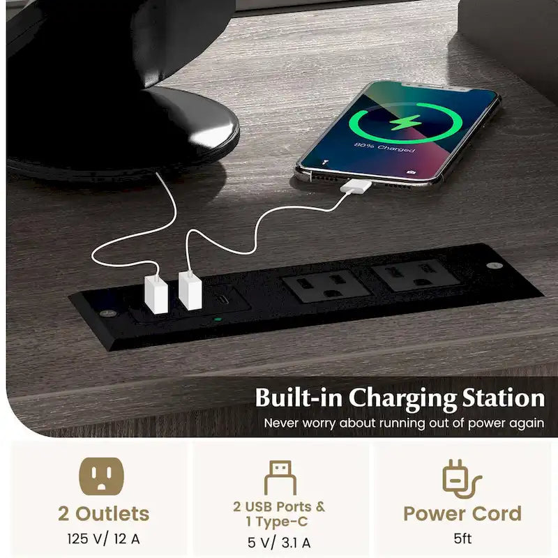 Mobile File Cabinet with Charging Station Locking Door Grey Brown