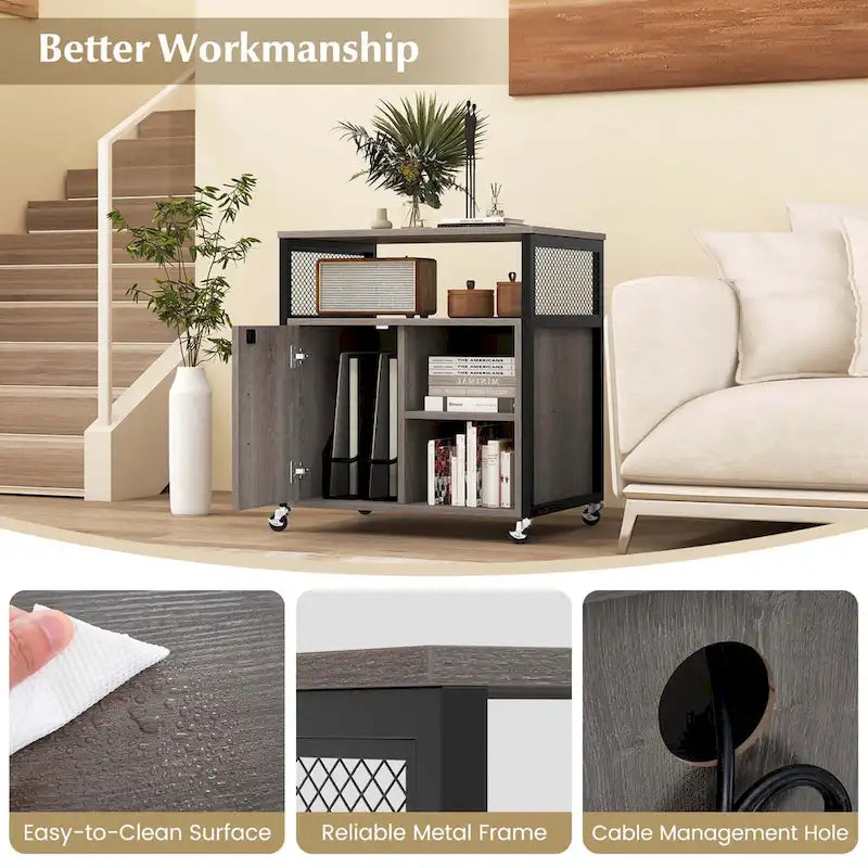 Mobile File Cabinet with Charging Station Locking Door Grey Brown