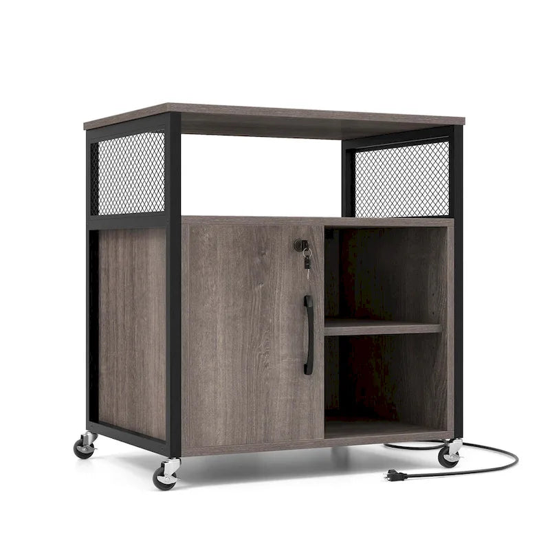 Mobile File Cabinet with Charging Station Locking Door Grey Brown