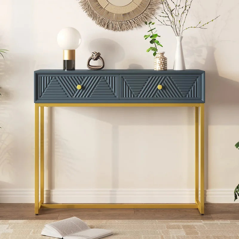Geometric Drawer Console Table with Gold Metal Legs, Grey Blue