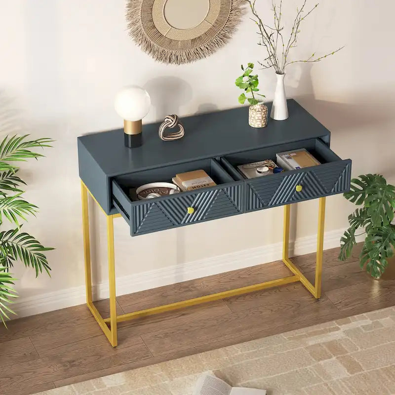 Geometric Drawer Console Table with Gold Metal Legs, Grey Blue