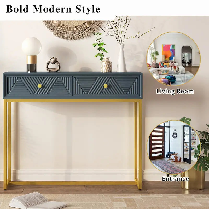 Geometric Drawer Console Table with Gold Metal Legs, Grey Blue