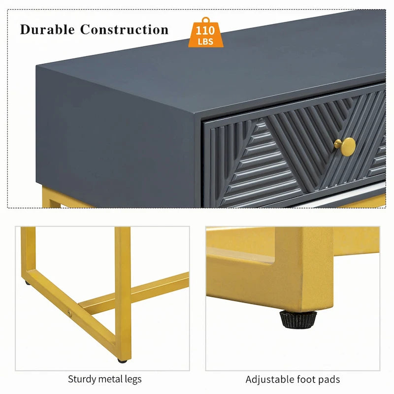 Geometric Drawer Console Table with Gold Metal Legs, Grey Blue
