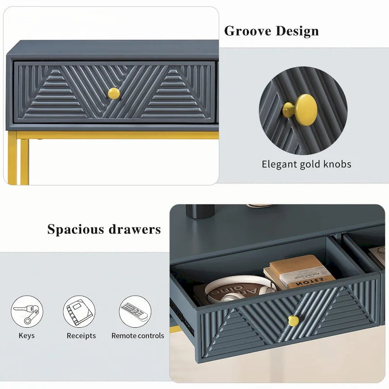 Geometric Drawer Console Table with Gold Metal Legs, Grey Blue