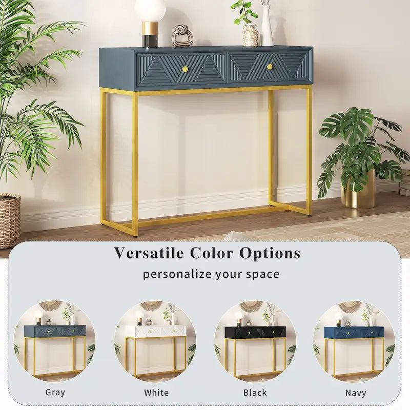 Geometric Drawer Console Table with Gold Metal Legs, Grey Blue