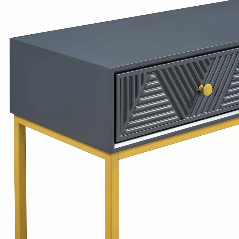 Geometric Drawer Console Table with Gold Metal Legs, Grey Blue