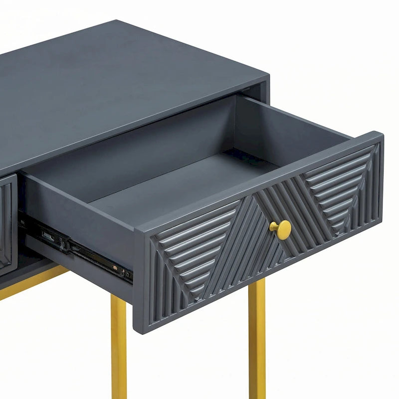 Geometric Drawer Console Table with Gold Metal Legs, Grey Blue