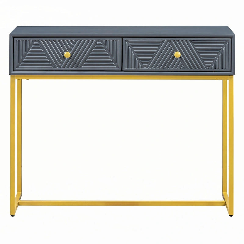 Geometric Drawer Console Table with Gold Metal Legs, Grey Blue