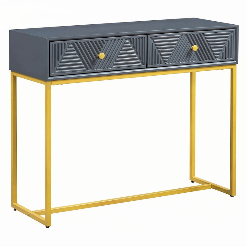 Geometric Drawer Console Table with Gold Metal Legs, Grey Blue