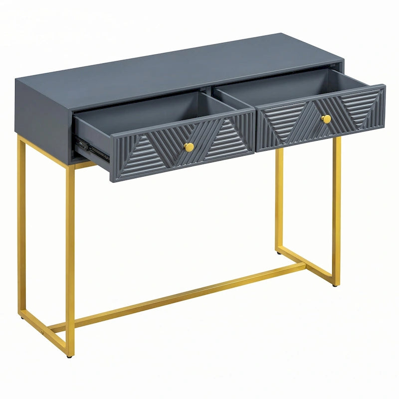 Geometric Drawer Console Table with Gold Metal Legs, Grey Blue