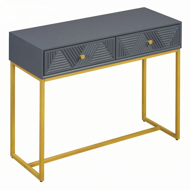 Geometric Drawer Console Table with Gold Metal Legs, Grey Blue
