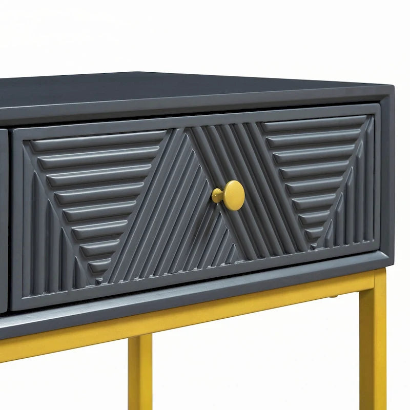 Geometric Drawer Console Table with Gold Metal Legs, Grey Blue