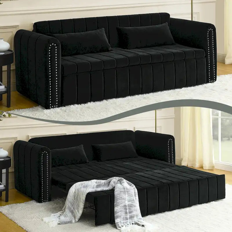 Velvet Pull-Out Sleeper Sofa Bed with Nailhead Trim Black Beige Grey
