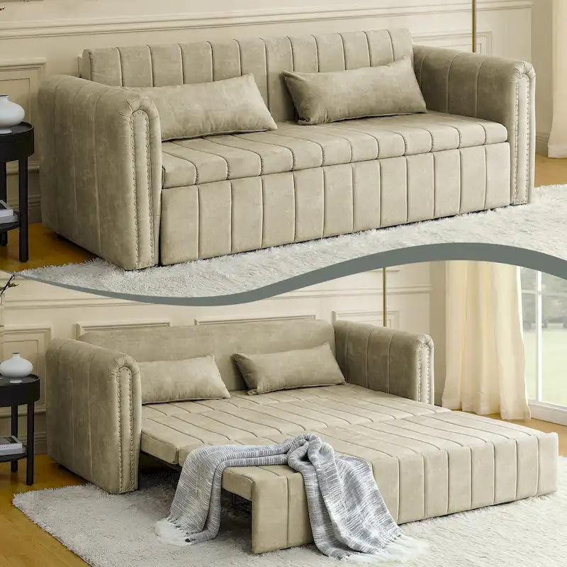 Velvet Pull-Out Sleeper Sofa Bed with Nailhead Trim Black Beige Grey