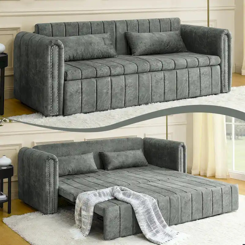 Velvet Pull-Out Sleeper Sofa Bed with Nailhead Trim Black Beige Grey