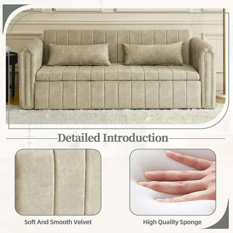 Velvet Pull-Out Sleeper Sofa Bed with Nailhead Trim Black Beige Grey