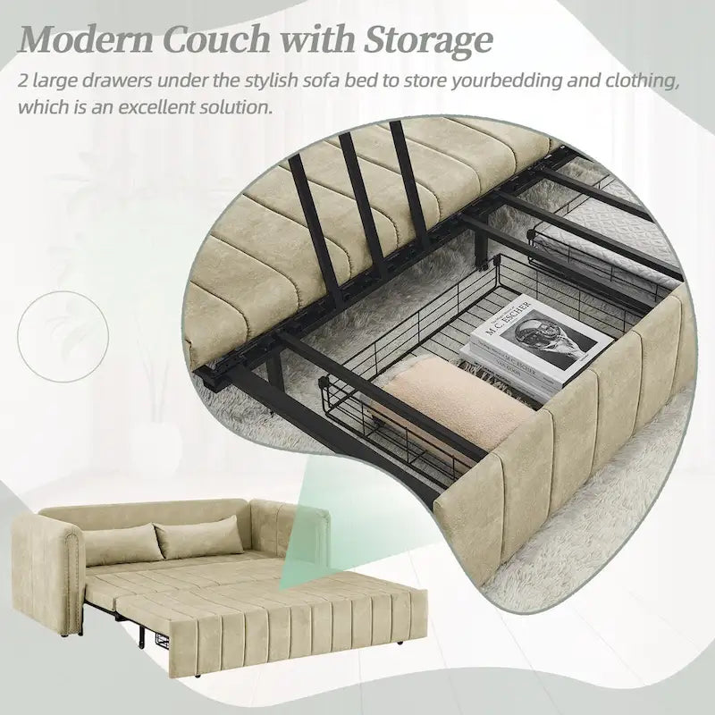 Velvet Pull-Out Sleeper Sofa Bed with Nailhead Trim Black Beige Grey