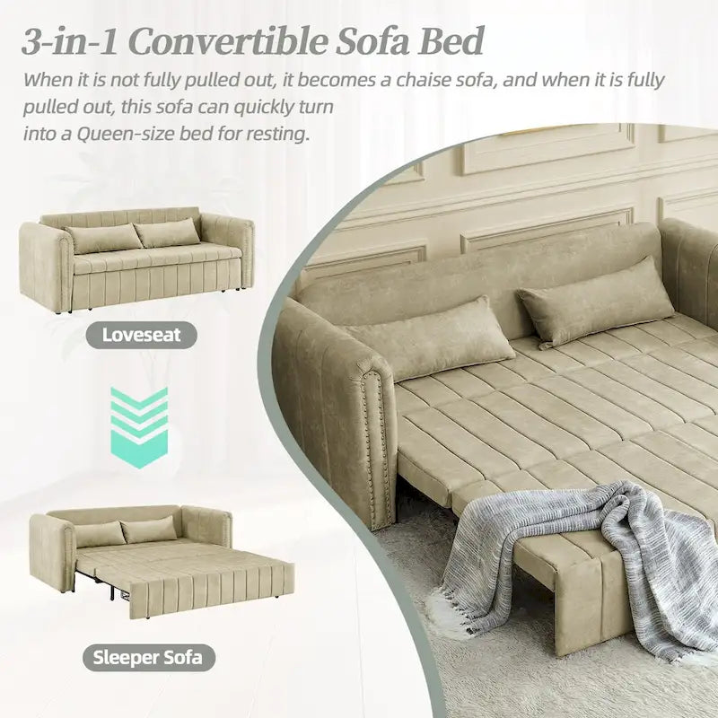 Velvet Pull-Out Sleeper Sofa Bed with Nailhead Trim Black Beige Grey