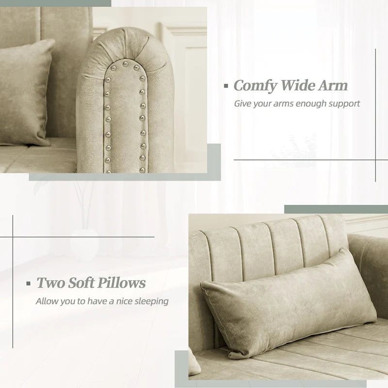 Velvet Pull-Out Sleeper Sofa Bed with Nailhead Trim Black Beige Grey