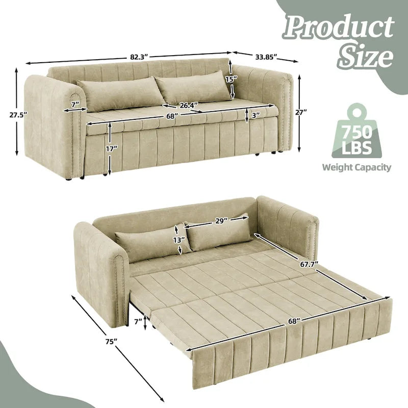 Velvet Pull-Out Sleeper Sofa Bed with Nailhead Trim Black Beige Grey